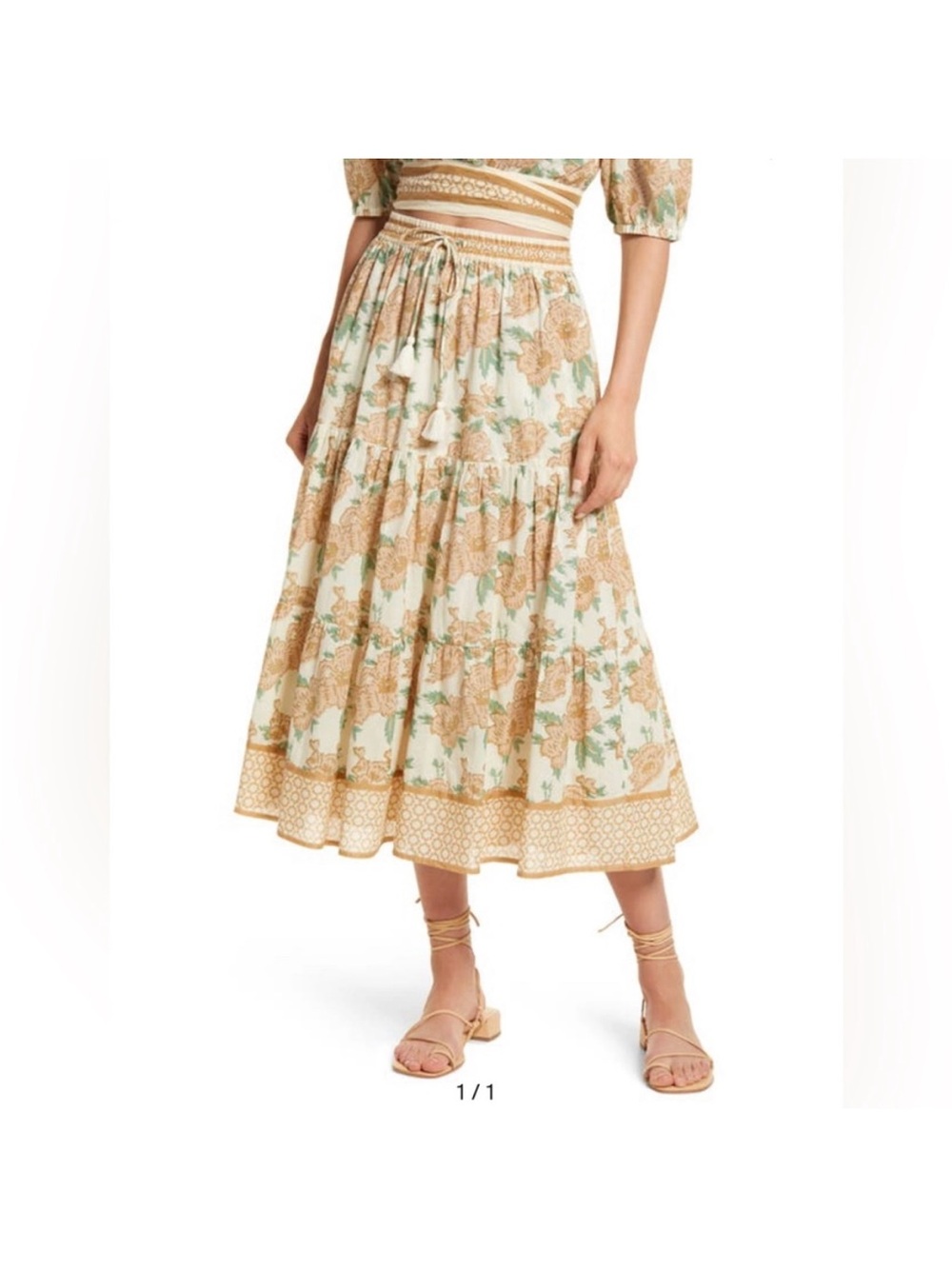 Cleobella Floral Tiered Midi Skirt & Top SET in Cream and Tan with Green Accents